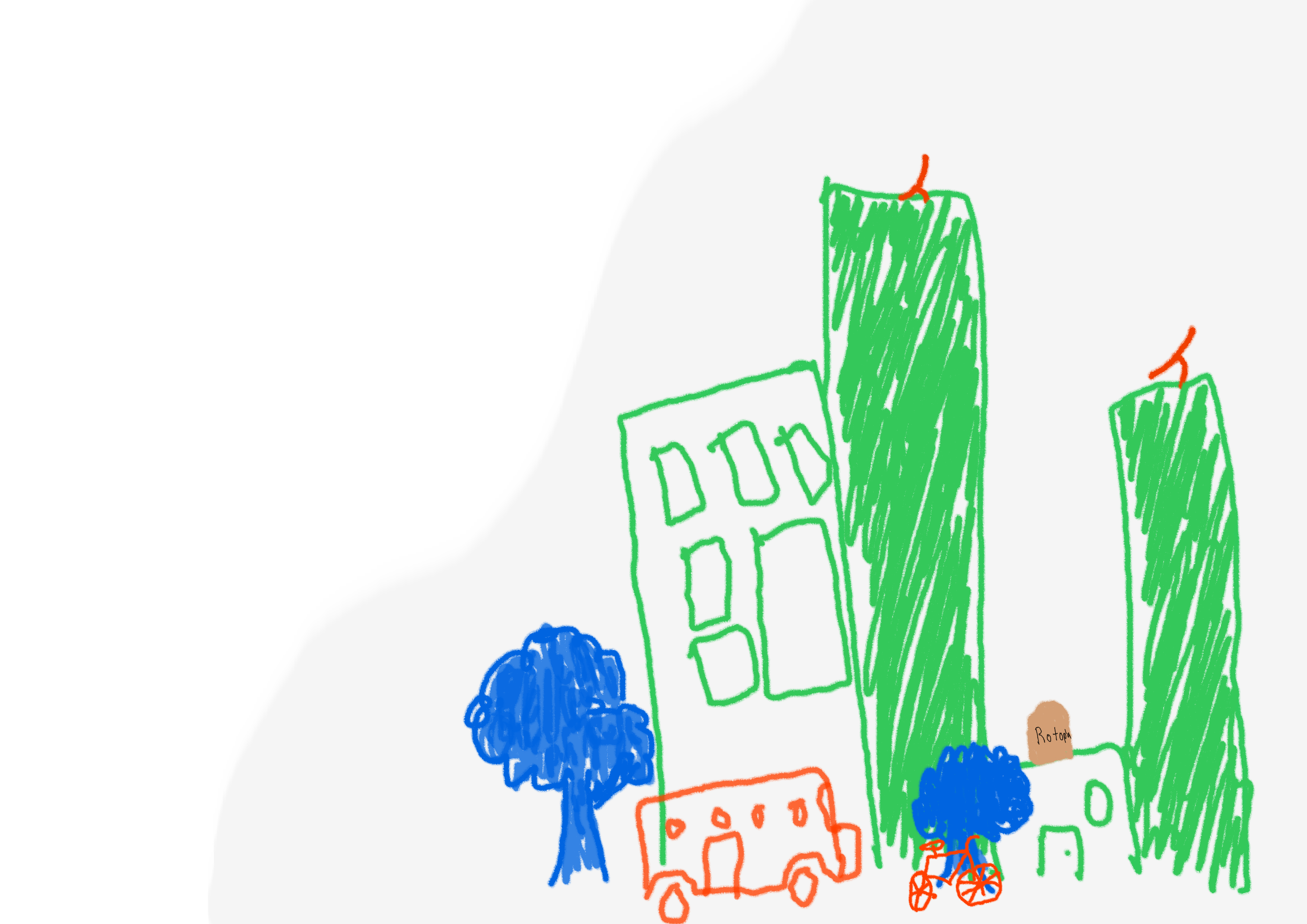 Dibujo en crayón de una ciudad con edificios verdes, árbol azul y camión naranja
